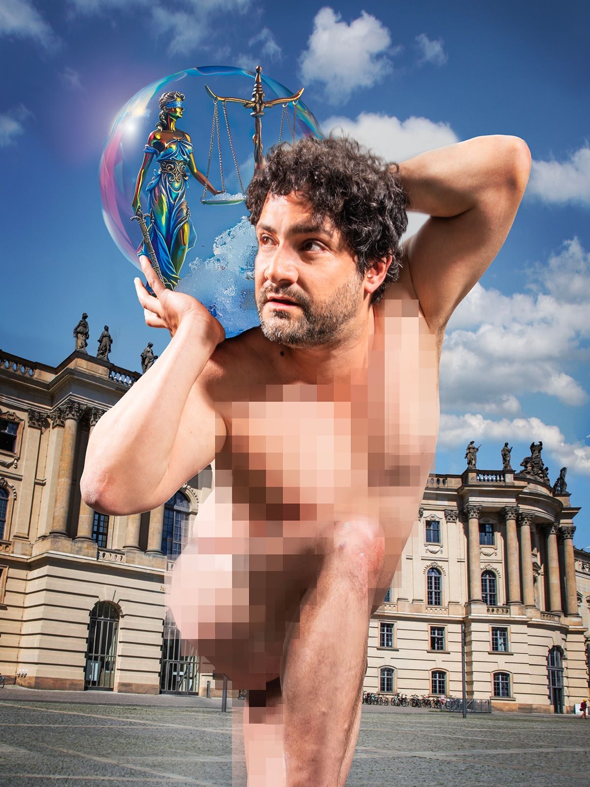 Das Foto zeigt einen dunkelhaarigen Mann auf dem Platz vor einem klassizistischen Gebäude stehen. Der Mann ist nackt, seine gesamte Körpermitte ist verpixelt. Er beugt sich nach vorne und blickt etwas verträumt nach rechts. Mit beiden Armen hält er hinter seinem Kopf eine durchsichtig schimmernde Kugel. Darin steht eine Statue der römischen Göttin für Gerechtigkeit mit Augenbinde und Schwert vor einer Waage. Sie ist bronzefarben und glänzt bunt.