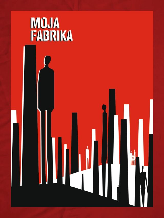 Poster: Kenan Zekić I On a red background beams as well as shades of people are seen, both of which are shown in differing heights. The drawings in the foreground are black, the ones in the background are white.